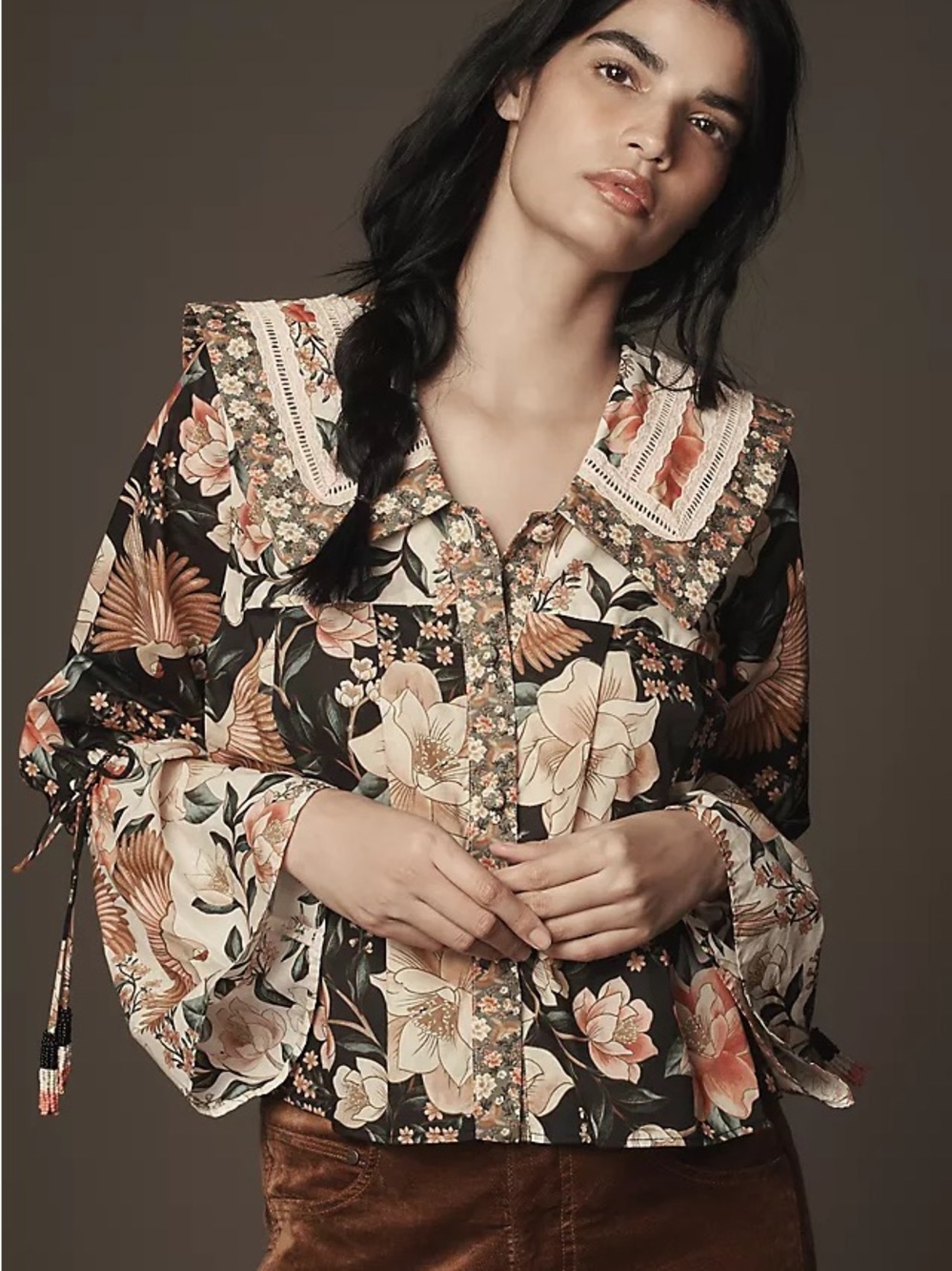 Farm Rio Long-Sleeve Collared Embroidered Blouse